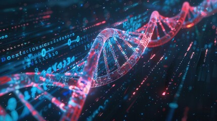 A vibrant 3D DNA strand is dynamically overlaid with flowing digital data, including binary codes and intricate data streams. Generative AI