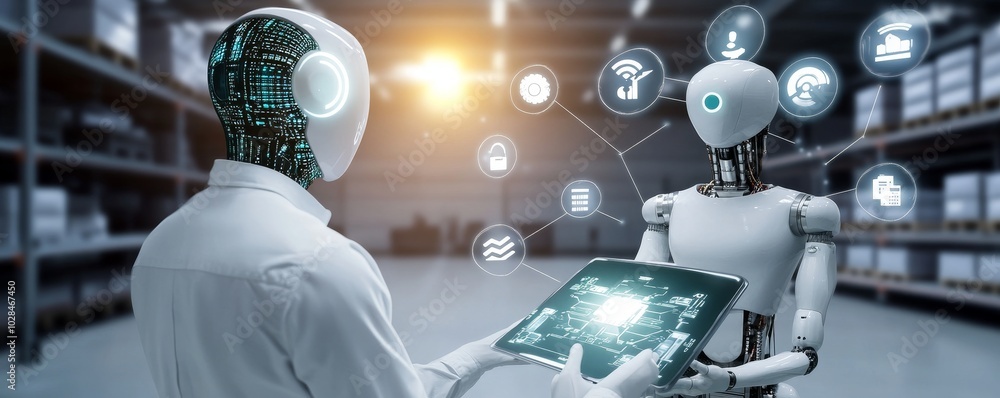 Poster two advanced robots interacting with technology in a futuristic warehouse, showcasing artificial int