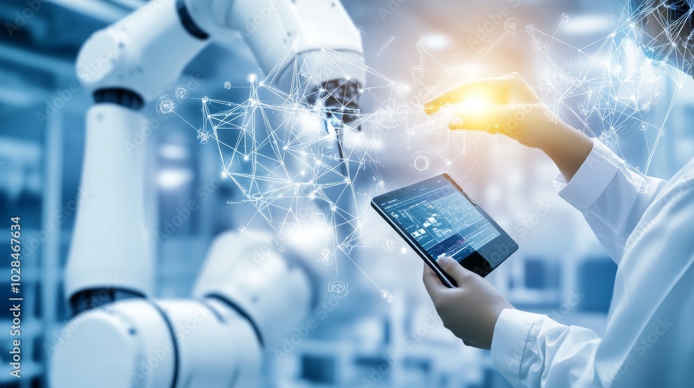 Aufkleber a skilled technician monitors a robotic arm's performance using a digital tablet in a high-tech envi