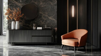 room with chair, Modern luxury living room interior background, living room interior mockup with black walls, dark interior of living room featuring a sleek chair and a stylish wooden console
