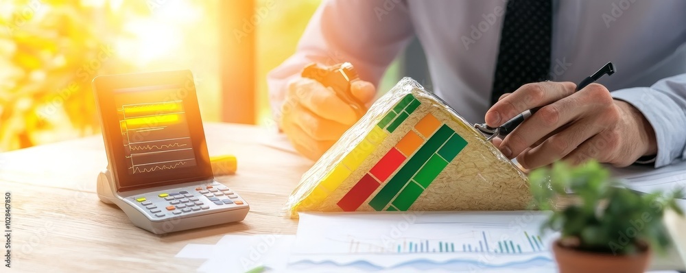 Poster a business professional analyzes performance metrics using a chart and calculator in a bright, produ