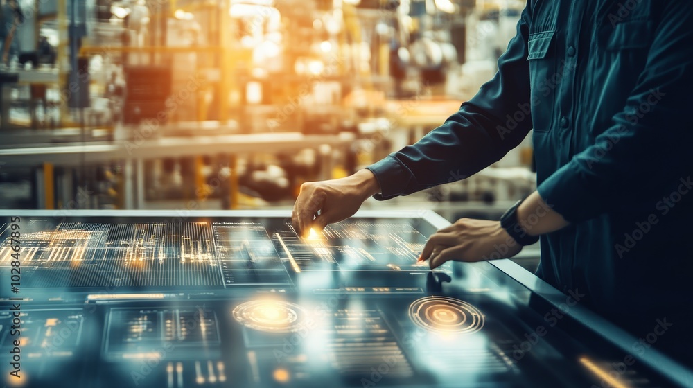 Poster a professional interacts with a futuristic touchscreen, showcasing advanced technology and data mana