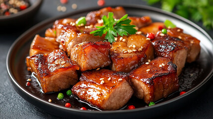 Succulent pork belly simmered in soy sauce and ginger