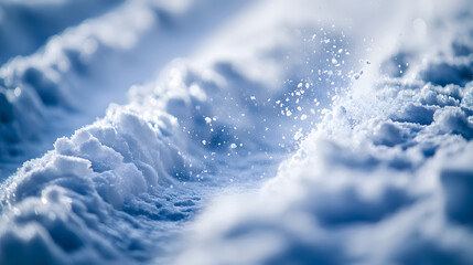 Obraz premium A close-up of a snowmobiles tracks in deep snow with powder being kicked up as the machine accelerates.