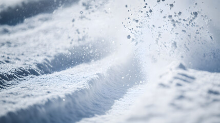 A close-up of a snowmobiles tracks in deep snow with powder being kicked up as the machine accelerates.