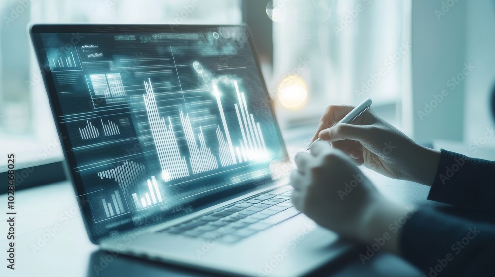 Poster a professional analyzing data on a laptop, showcasing graphs and charts in a modern workspace with n