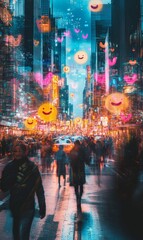 Obraz premium Blurred city street with smiley faces.