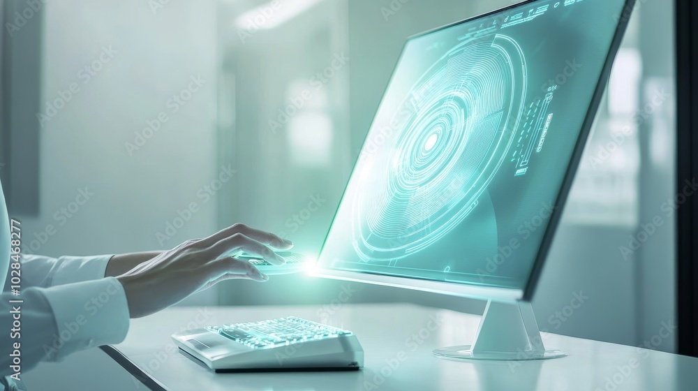 Aufkleber a person interacts with a futuristic computer interface, showcasing advanced technology and innovati