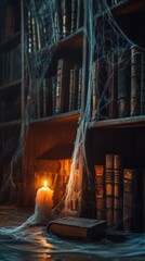 Spooky haunted library with old dusty books and cobwebs, lit by flickering candlelight and set against a dark, ominous background, Copy space, happy Halloween special background, haunted