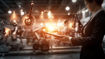 A businesswoman interacts with robotic arms in a modern industrial setting, showcasing automation and technology in manufacturing.