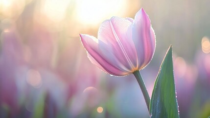 Fototapeta premium A close-up of a delicate pink tulip with sunlight and dew, symbolizing beauty and nature.
