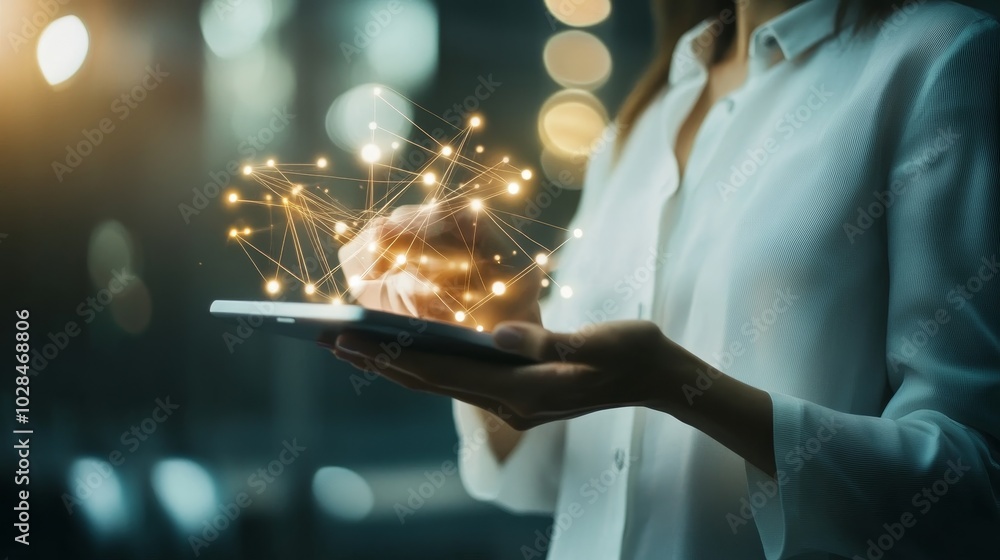 Poster a woman interacts with a smartphone displaying digital connections, symbolizing technology and commu