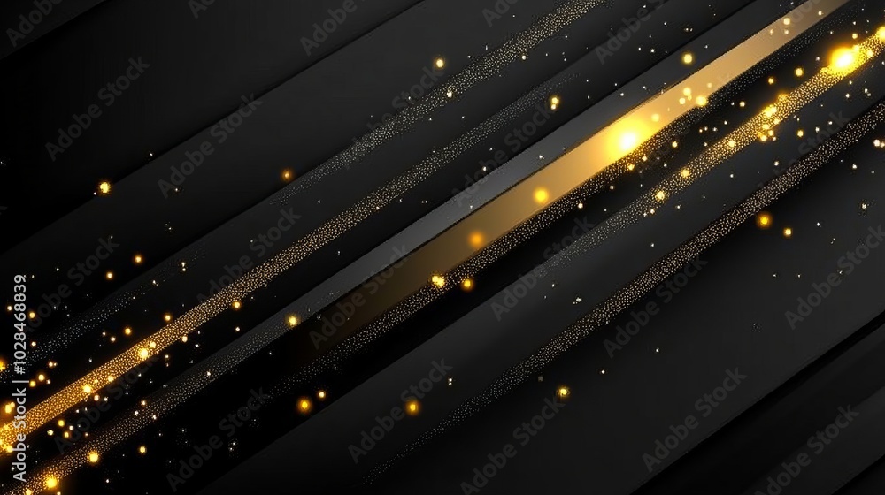 Poster a sleek black background with golden sparkles and diagonal lines, creating an elegant and modern des