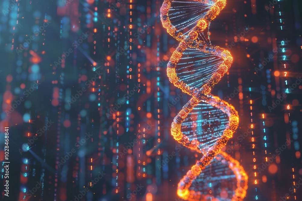 Leinwandbilder a striking 3d representation of a dna double helix entwined with glowing digital data streams and vi