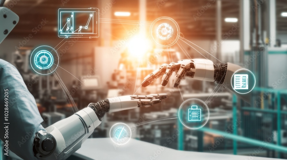 Aufkleber a robotic arm interacts with digital icons, showcasing advanced technology and automation in a moder