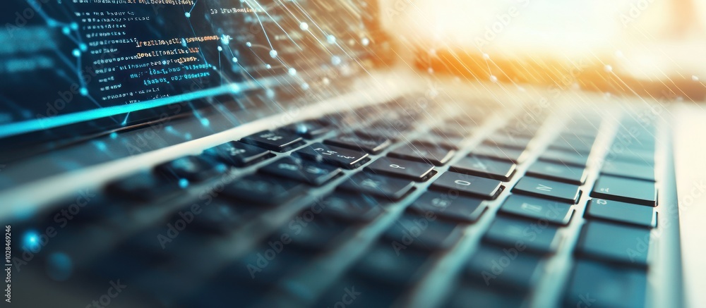 Aufkleber laptop keyboard with code and blurred background