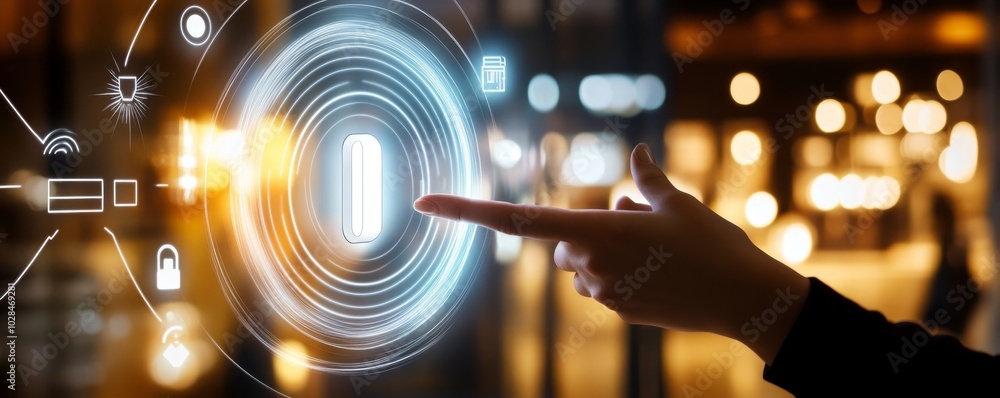Poster a hand interacting with a futuristic digital interface showcasing security and technology concepts i