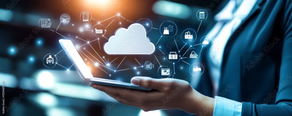 Poster a businessperson holds a laptop displaying cloud computing icons, showcasing technology and data man