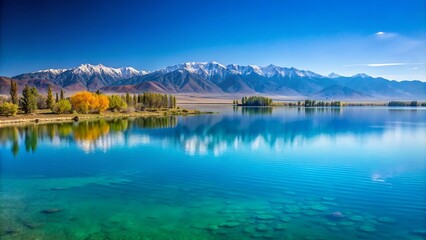 Fototapeta premium A serene turquoise lake nestled in Kazakhstan, Issyk Kul showcases minimalistic beauty, reflecting nature's magnificence through its tranquil waters and breathtaking surrounding landscapes.
