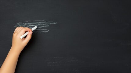Fototapeta premium Primary school student hand writing on blackboard banner background copy space. Back to school image backdrop empty. Children education concept composition closeup view, copyspace
