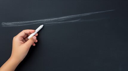 Naklejka premium Child hand writing on chalkboard banner background copy space. Student with chalk at blackboard image backdrop empty. Back to school concept composition closeup view, copyspace