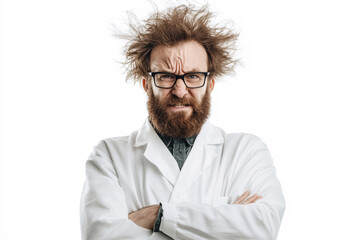 Obraz premium Man in a lab coat with wild hair and glasses crossing his arms while making an intense expression on a white background 
