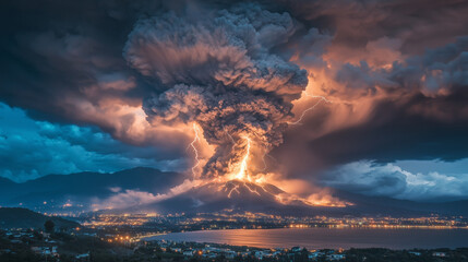Fototapeta premium Volcanic lightning storm within a massive ash cloud from an erupting volcano photo