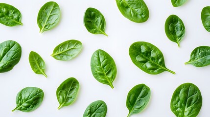 Fototapeta premium Fresh green healthy spinach on white background, top view. 