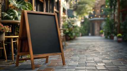 Framed blackboard mockup on cafe terrace. Outdoors restaurant menu in blank banner template advertising image. Chalkboard with wooden frame mock up on street product photorealistic