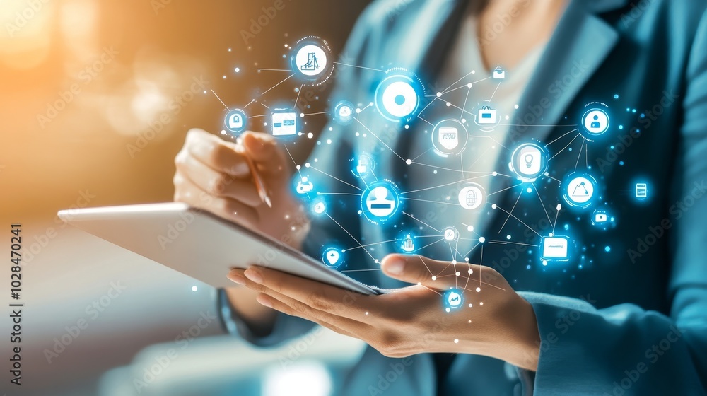 Poster a professional interacting with digital icons on a tablet, showcasing technology and connection in a