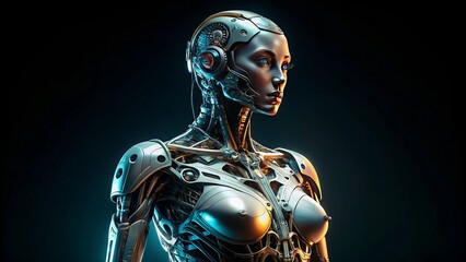 A sleek silhouette of a futuristic robot woman stands out against a deep black background, showcasing intricate design elements in stunning AI-generated artwork.
