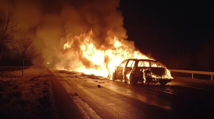 Vehicle on side of road burning with large flames and smoke