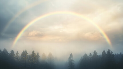 A double rainbow arching over a misty forest after a summer storm photo