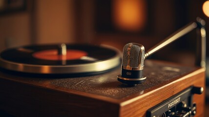 Obraz premium A close-up shot of a vintage microphone placed next to a record player.