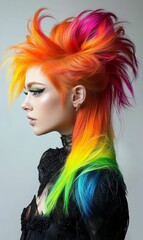 Naklejka premium Woman with vibrant rainbow hair and black lace dress.