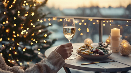 Obraz premium Traveler celebrating Christmas alone with a festive meal on a balcony photo