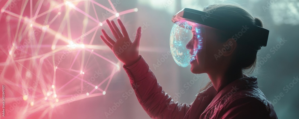 Poster a person using a virtual reality headset interacts with digital visuals, showcasing technology and i