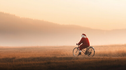 Obraz premium Portrait of a Santa impersonator riding a bicycle through the countryside photo