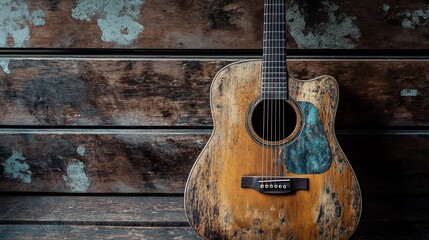 Obraz premium classic acoustic guitar with a rustic, homemade feel
