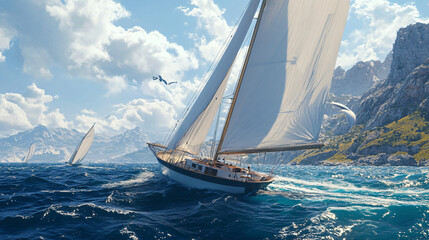 Obraz premium A beautiful sailboat racing in a regatta on the open sea.