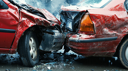 Two Cars in Pile-Up with Rear Bumper Pressed Into Windshield of Car Behind.