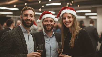 Obraz premium Office colleagues wearing Christmas hats at a festive work party photo