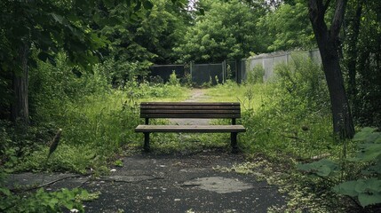 A Wooden Bench Amidst a Dense, Verdant Forest Path