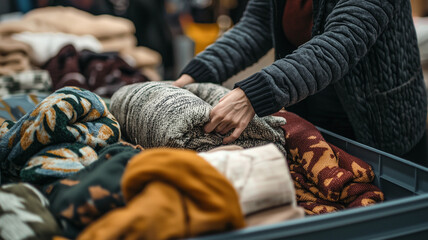 Woman Neatly Folding Blankets into a Donation Bin, Ready to Help Those in Need.
