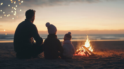 Portrait of a family celebrating Christmas around a bonfire on the beach photo