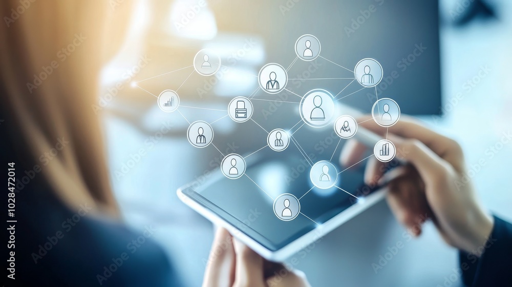 Poster a business professional using a tablet with social connectivity icons, showcasing modern technology 