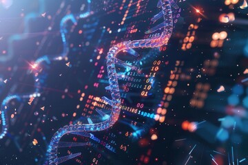 A detailed 3D representation of a DNA strand showcases an overlay of digital binary code and vibrant data streams, blending science and technology. Generative AI