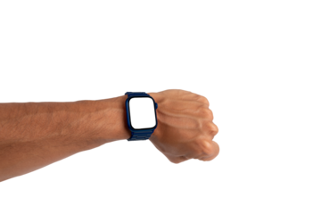 Male hand wearing a dark blue metal smartwatch isolated on white background blanc screen mockup