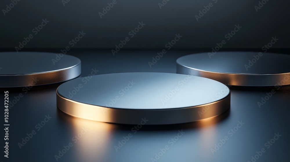 Poster three metallic platforms illuminated in a dark setting, suggesting a display or presentation purpose