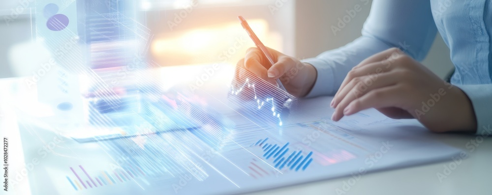 Poster a professional analyzing data with a pen, showing digital graphs and charts, symbolizing innovation 